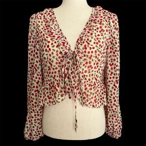 Nasty Gal Cherry Print Sheer Crop Top Size 8 Chiffon Ruffled Whimsical Romantic